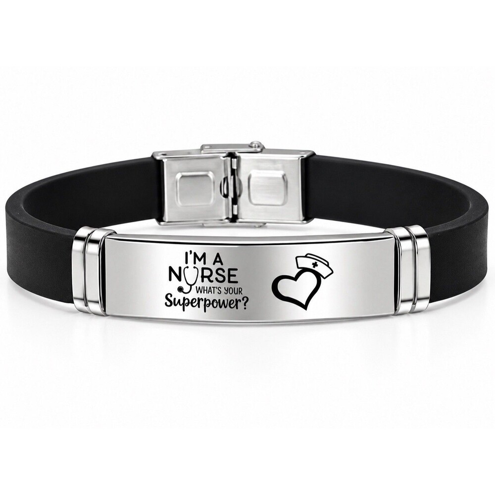Nurse Bracelet Stainless Steel Silicone Band Engraved RN Gift Medical Jewelry